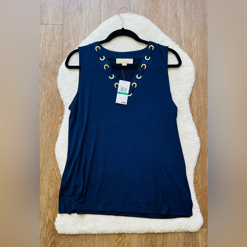 NWT Michael Kors Gold Grommet Lace-Up Sleeveless Top Navy Large